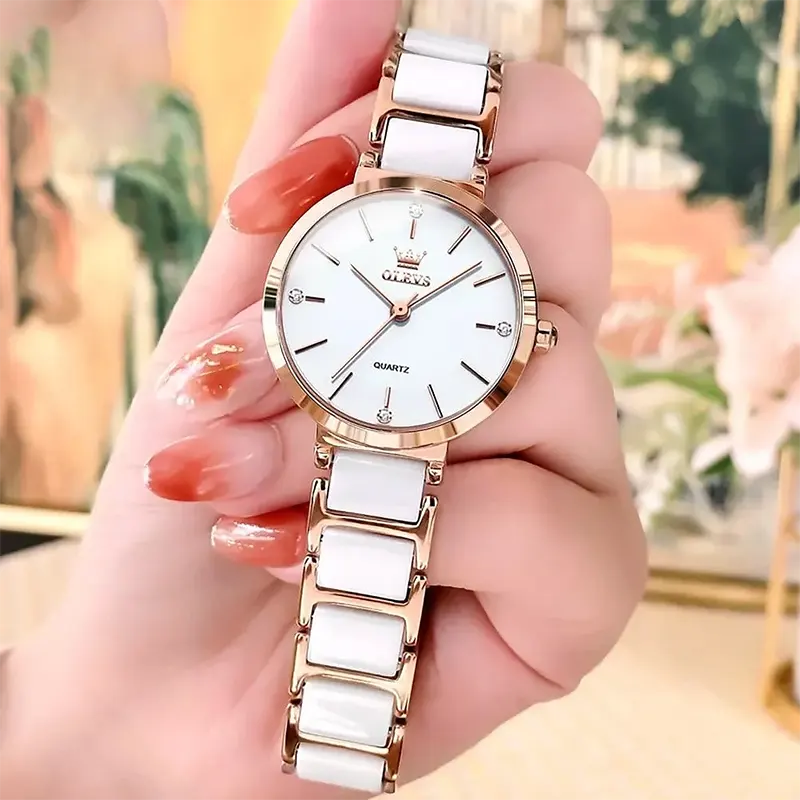 Olevs Luxurious Ceramic White Fashion Ladies Watch- 5877